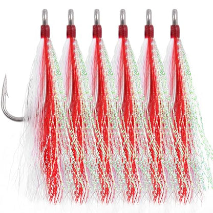 Bucktail Teasers Fishing Hooks Saltwater Flounder Rig Bucktail Mylar Teasers Inserted Stainless Steel Fishing Teaser Hooks for Striped Bass Trout Catfish Cod Flounder Hi/Lo Rig Jigs Spoons Lures - color: Red, size: 6pcs