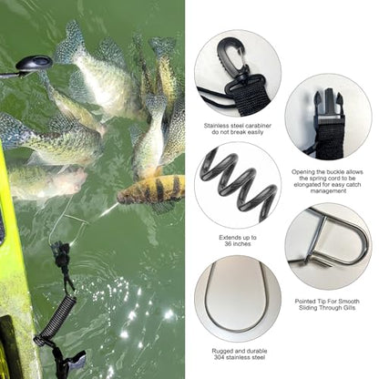 Fish Stringer Clip Large, Fishing Stringer Carry Multiple Large Fish, Quick Release 78”Steel Core Lanyard, Designed for Spearfishing, Kayak Fishing & Scuba Diving, Stainless - style: 2 Pack