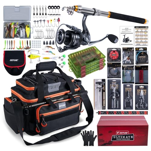 Goture Fishing Rod and Reel Combos,1.8M-2.7M Telescopic Fishing Pole Spinning Reel Line Lures Set with Carrier Bag,Telescopic Rod Kit for Starter Travel Saltwater Freshwater Gear Gift - color: E1:Fishing Full Kit with Tackle Bag, size: 7 ft/2.1 m