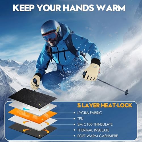 Bruvoalon Winter Gloves for Women & Men, 3M Thermal Insulation, Lycra Fabric, Touchscreen, Anti-Slip - color: Beige, size: Large