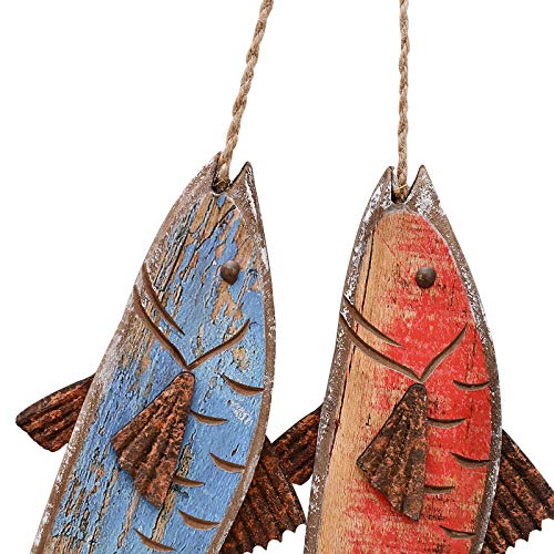 Antique Wood Fish Nautical Decor Decorative Hanging Fish Ornament | Wooden Indoor Outdoor Decorations Wall Art Nautical Theme Mediterranean Style