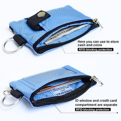 CHENSPRX Minimalist RFID Blocking Small Wallet with ID Window,WaterResistant Zip Id Case Wallet with Lanyard Keychain for Cards,Cash,Travel,Women,Men - color: LightBlue