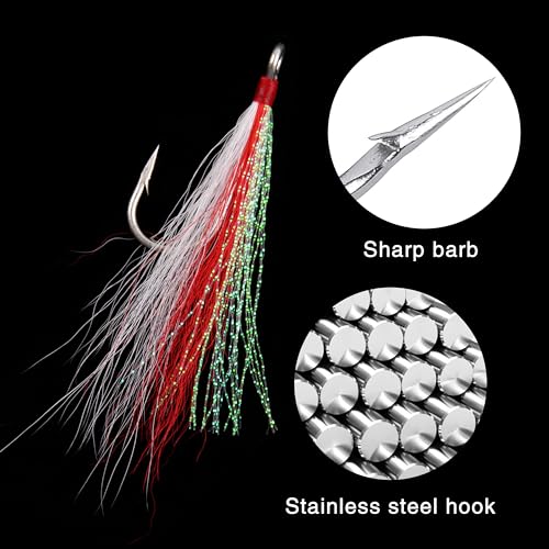 Bucktail Teasers Fishing Hooks Saltwater Flounder Rig Bucktail Mylar Teasers Inserted Stainless Steel Fishing Teaser Hooks for Striped Bass Trout Catfish Cod Flounder Hi/Lo Rig Jigs Spoons Lures - color: Red, size: 12pcs