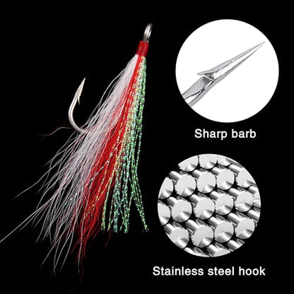 Bucktail Teasers Fishing Hooks Saltwater Flounder Rig Bucktail Mylar Teasers Inserted Stainless Steel Fishing Teaser Hooks for Striped Bass Trout Catfish Cod Flounder Hi/Lo Rig Jigs Spoons Lures - color: Red, size: 12pcs