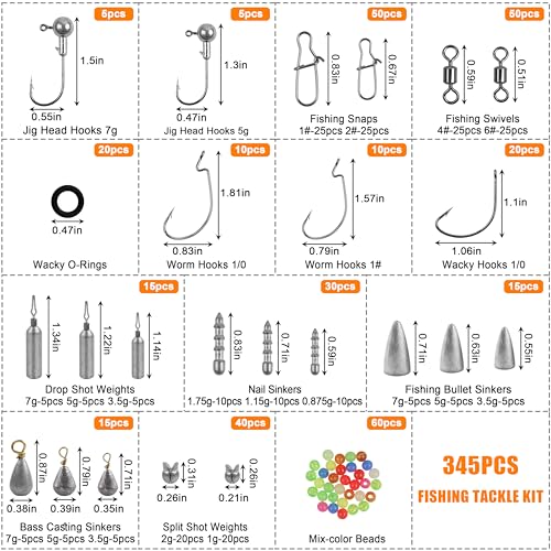 345pcs Fishing Accessories Kit, Fishing Tackle Box with Jig Head Hooks Worm Hooks Weights Sinkers Swivels Snaps Beads, Fishing Gear Set Equipment for Bass Trout Saltwater Freshwater Fishing - style: 345pcs Fishing Accessories Kit