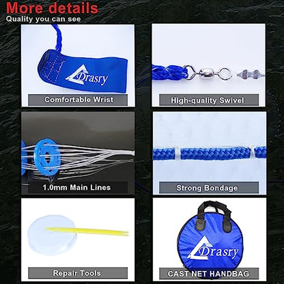 Drasry Saltwater Fishing Cast Net 3/8 and 1/4 Mesh with Heavy Duty Gray Sinker American Monofilament Fish Throw Net for Bait Trap 3FT 4FT 5FT 6FT 7FT 8FT 9FT Radius - size: 3FT Radius, style: 1/4 Mesh 0.88 Lb/Ft