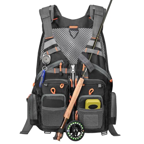 Gonex Fly Fishing Vest for Men Women, Comfortable Adjustable Fishing Vest with Multi-Pockets Reflective Stripes - color: Black+orange