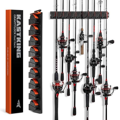 KastKing GravityLock V9 Vertical Fishing Rod Holder, Wall Mounted Fishing Rod Rack, Holds up to 9 Fishing Rods or Combos, Heavy-Duty Grip, One size Fits Most, Fishing Rod Holders for Garage - style: B:V9 (Store 9 Combos) – 1 Pack