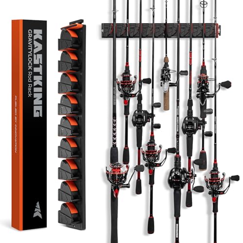 KastKing GravityLock V9 Vertical Fishing Rod Holder, Wall Mounted Fishing Rod Rack, Holds up to 9 Fishing Rods or Combos, Heavy-Duty Grip, One size Fits Most, Fishing Rod Holders for Garage - style: B:V9 (Store 9 Combos) – 1 Pack