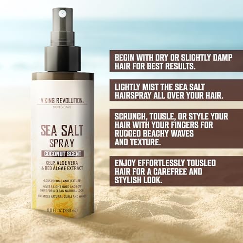 Viking Revolution Coconut Sea Salt Spray for Hair Men - Hair Texturizing Spray with Kelp, Aloe Vera & Red Algae Extract - Surf to Add Volume and Texture - Sea Salt for Men Beach - size: 8.8 Fl Oz (Pack of 1), style: Coconut Sea Salt Spray