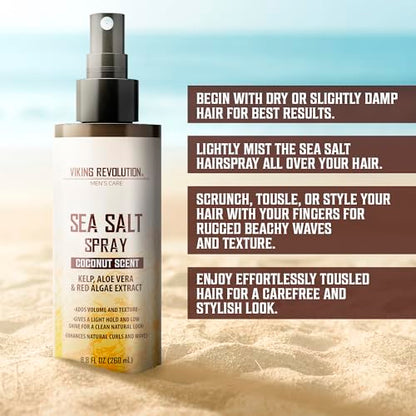 Viking Revolution Coconut Sea Salt Spray for Hair Men - Hair Texturizing Spray with Kelp, Aloe Vera & Red Algae Extract - Surf to Add Volume and Texture - Sea Salt for Men Beach - size: 8.8 Fl Oz (Pack of 1), style: Coconut Sea Salt Spray