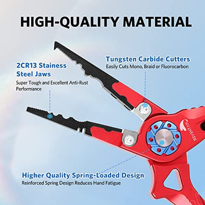 Saltwater Fishing Pliers, Split Ring Pliers for Fishing with Safety Lock, Fish Pliers with Sheath and Lanyard, Fishing Gifts for Men - color: B-red