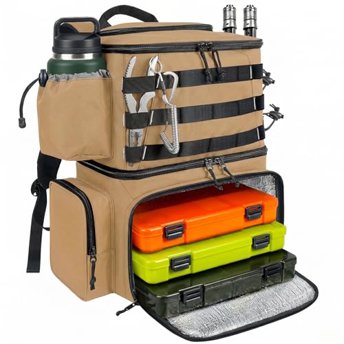 MATEIN Fishing Backpack, Water Resistant Tackle Storage Bag with Rod Holders & Cooler, Fishing Gifts for Men - color: Khaki - Large