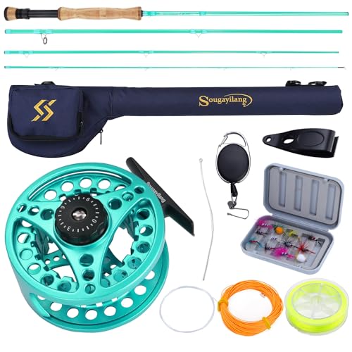 Sougayilang Fly Fishing Combo, 4 Piece Fly Rod and CNC Machined Aluminum Alloy Reel Complete Starter Package with Rod Bag - color: Fly Fishing Combo #8-Turquoisee