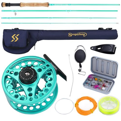 Sougayilang Fly Fishing Combo, 4 Piece Fly Rod and CNC Machined Aluminum Alloy Reel Complete Starter Package with Rod Bag - color: Fly Fishing Combo #8-Turquoisee