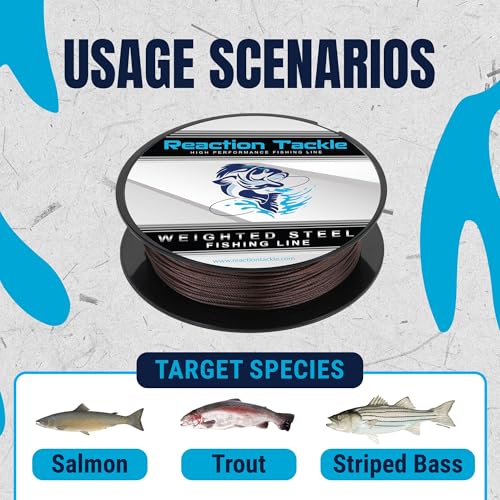 Reaction Tackle Weighted Stainless Steel Trolling Line - 45 Lb Marine Grade Single Strand Wire for Deep Trolling, Diving Disks and Toothy Saltwater and Freshwater Fish - size: 45 Lb / 200 Foot