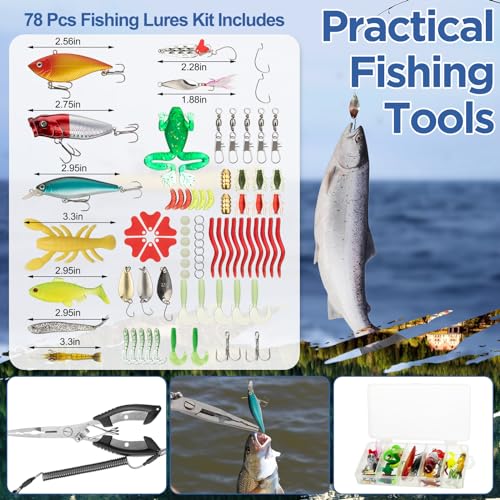 RoundFunny 85 Pcs Fishing Backpack with Tackle Boxes, Tackle Sling Bag with Rod Holder, Fish Lures and Pliers, Fish Tools Gears & Equipment Father's Day Fishing Gift for Dad Men - color: Black