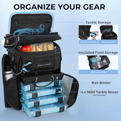 Calamus GearMaster Tackle Backpack with Bait Binder, Large Lightweight Water-Resistant Fishing Bag, Rod Holders, Food Storage - color: Black