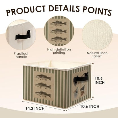 Coastal Beach Fishing Storage Bins with Handles, Olive Green Striped Sea Bass Fish Collapsible Clothes Toys Books Organizer Basket for Beach House Home Bedroom Bathroom