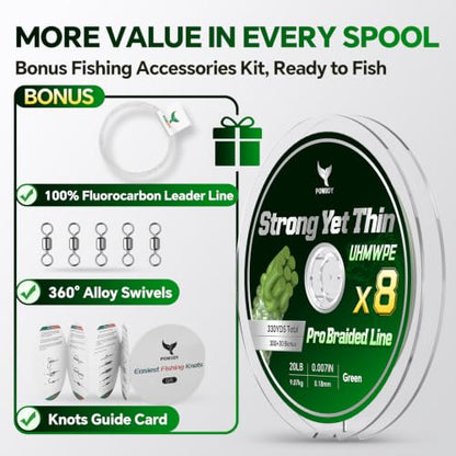 Ultra-Thin 20LB 8-Strand Braided Fishing Line 0.18mm with Knots Guide Card, Stronger than 4-Strand PE Line, Smooth as Silk & Longer Casting, Ideal for Bass Trout Fishing in Freshwater/Saltwater - color: Green, size: 20LB 330YDS