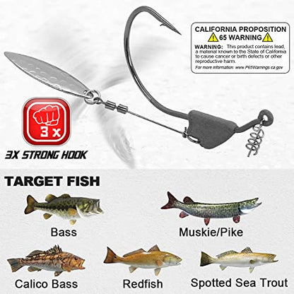 Underspin-Jig-Heads-Swimbait-Hooks-with-Spinner Blades Weighted Fishing Hooks 6 Pack - size: Size 3/0,3/16oz 5.4g, 6-pack