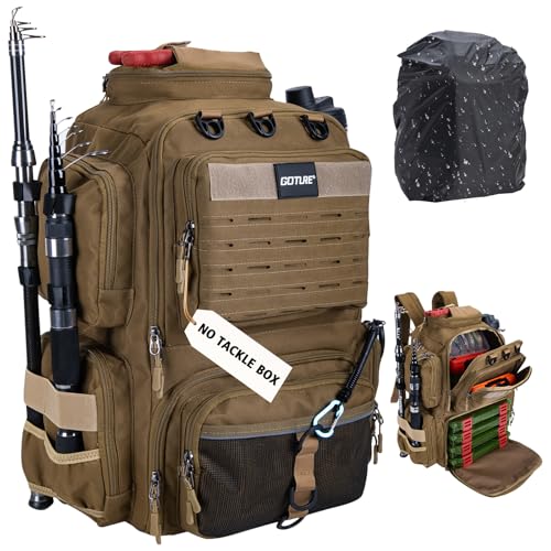 Goture Fishing Backpack,900D Water-Resistant Tackle Backpack with Rod Holders,45L Large Fishing Bag Storage Gear Tackle Bag with Rain Cover,Bottle Holder for Travel Camping Hiking(Without Tackle Box) - color: 45L Khaki with Bottle Holder
