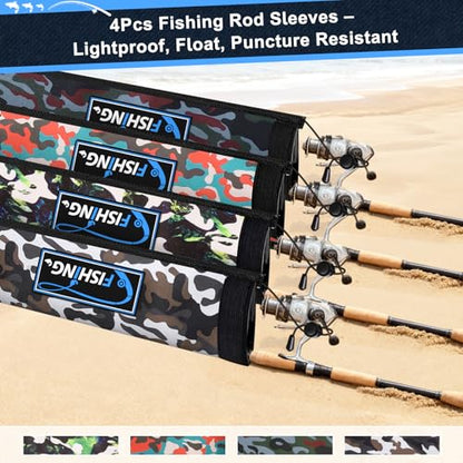 Neoprene Fishing Rod Sleeves for Casting, Spinning, Trolling Pole - Protective Cover Rod Sock with Hanging Loop & Lanyard- Floating, Puncture Resistant, Lightproof - size: 58", style: 4 Pcs