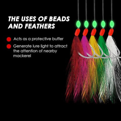 10 pcs Mackerel Feathers Rigs Saltwater, Pre-Tied Sea Fishing Bait Rigs with Luminous Colorful Feathers/Luminous Beads Bionic Flying Insects, Lure Rigs for Mackerel, Pollock, Cod, Bass - size: Hook Size 16, style: Style 2