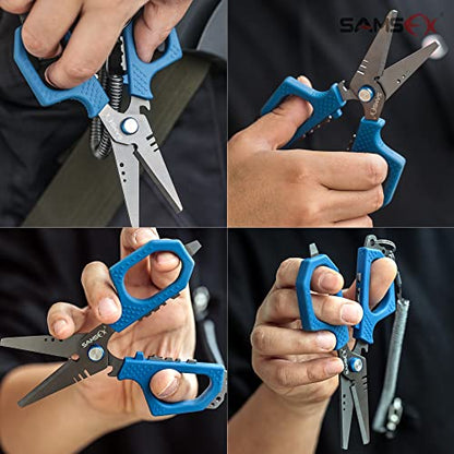SAMSFX 6.5" Pro Fishing Shears Dual Serrated Blades, Fishing Braided Line Scissors with Titanium Coating, Non-Slip Grip & Multifunction Tool, Includes Hard Molded Locking Sheath & Coiled Lanyard - color: A: Blue Kraton Handle, Hard Sheath
