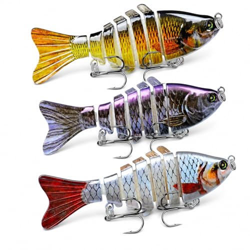 Rattling Fishing Lures 3 Pack, Multi-Jointed Swimbaits with Treble Hooks, Lifelike S-Swimming Hard Baits for Bass, Trout, Crappie & Perch