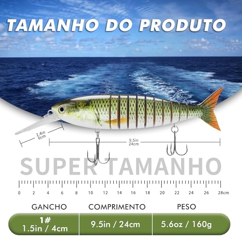 TRUSCEND Swimmax Easy Catch Fishing Lures with BKK Hooks, Wiggling, Vibrating, Rattling and Gurgling for More Bite, Heavy-Duty Dyneema Fiber Jointed Swimbaits for Bass, Trout, Walleye, Crappie, Pike - color: H-9.5",5.6oz