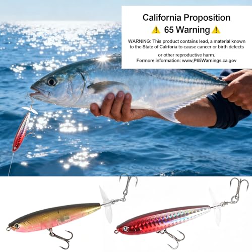 Whopper Fishing Lure for Bass：Popper Top Water Fishing Lures with Floating Rotating Tail Barb Treble Hooks Saltwater Freshwater Plopping Lures Kit - color: Brown Red