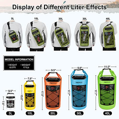 Piscifun Dry Bag, Waterproof Floating Backpack 10L/20L/30L/40L with Waterproof Phone Case for Boating, Kayaking, Fishing - color: Army Green, style: 20l