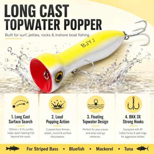 Topwater Popper Fishing Lure, 120mm 4.7in Floating Saltwater Surface Bait with BKK 3X Strong #1 Treble Hooks and Split Rings, Long Casting Hard Lure for Striped Bass Tuna Bluefish Inshore Fishing - color: A1-1PCS/1.48OZ-4.7"