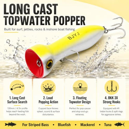 Topwater Popper Fishing Lure, 120mm 4.7in Floating Saltwater Surface Bait with BKK 3X Strong #1 Treble Hooks and Split Rings, Long Casting Hard Lure for Striped Bass Tuna Bluefish Inshore Fishing - color: A1-1PCS/1.48OZ-4.7"