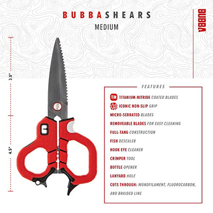 BUBBA Medium Shears Fishing Multi Tool - With Micro-Serrated Blades, Hook Eye Cleaner, Hook Sharpener, & Descaler - size: Medium