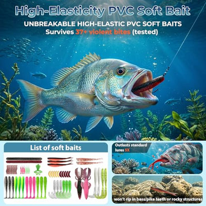 Fishing Lures - Fishing Kit Included 193Pcs Fishing Accessories and Tackle Box, Frogs, Minnows, Soft Baits, Hooks & Weights Accessories Gear Gift for Men Freshwater Bass Trout