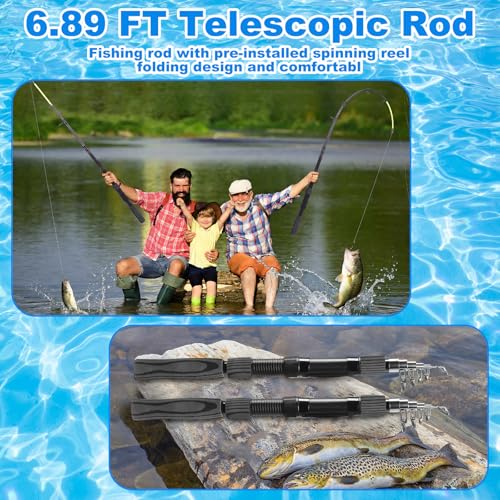 Father's Day Telescopic Fishing Rod Kit, 6.89ft/5.91ft 2 Pcs Collapsible Rod for Him with Landing Net, Tackle Bag, Gloves, Lures, Pliers, Gift for Dad for Saltwater Freshwater Fishing - size: 6.89 FT