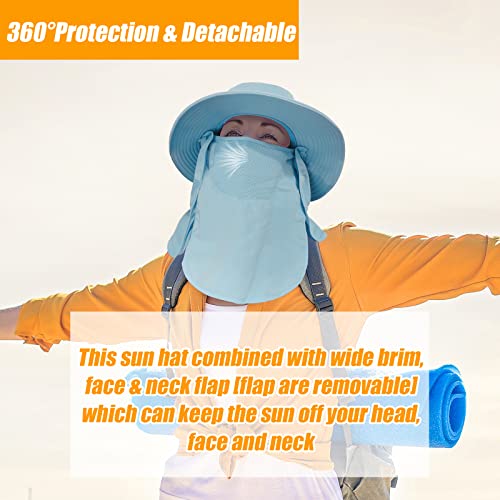 Fishing Hat for Men & Women, Outdoor UV Sun Protection Wide Brim Hat with Face Cover & Neck Flap - color: Light Blue