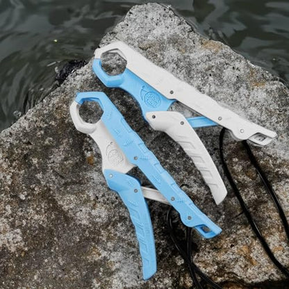 SNAIL TRAIL 7.5'' Floating Fish Gripper, Fishing Grabber | Catfish Mouth Pliers, Caught Bass Holder, Fish Scale Hook Clamp, Saltwater Lip Grip Tool with Lanyard, Gifts for Men - color: White-blue