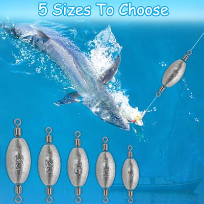 15Pcs Fishing Weights Sinkers Inline Trolling Sinkers with Inner Swivels | Egg Sinkers Oval Drop Shot Weights Lead for Saltwater Freshwater Fishing - size: 1/2oz-15Pcs