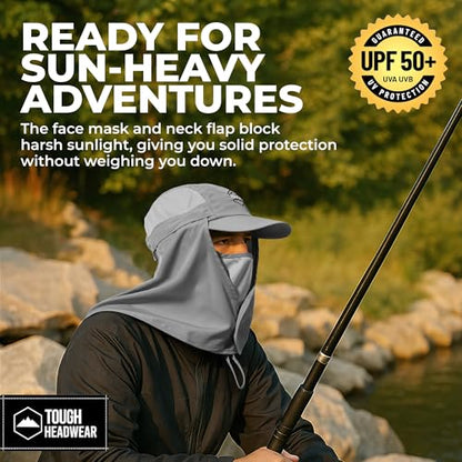 Tough Headwear Fishing Cap w/Face Mask & Neck Flap - Sun Protection Hat with UPF 50 -Landscaping Hats for Women and Men - color: Grey