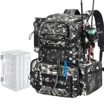 Piscifun Fishing Tackle Backpack with Rod Holders & 4 Tackle Boxes, 42L Outdoor Fishing Bag with Waterproof Rain Cover - color: Camouflage
