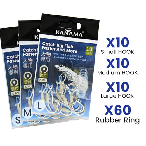 KANAMA Luminous Live Shrimp Hooks - High Carbon Steel Fishing Hooks Saltwater Corrosion Resistant Barbed Strong Hooks Freshwater Shrimp Walker, Ideal for Bass, Groupers, Pike, Catfish & More - size: (S+M+L) ×10
