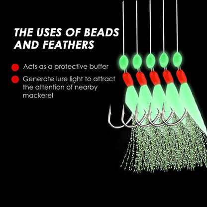 10 pcs Mackerel Feathers Rigs Saltwater, Pre-Tied Sea Fishing Bait Rigs with Luminous Colorful Feathers/Luminous Beads Bionic Flying Insects, Lure Rigs for Mackerel, Pollock, Cod, Bass - size: Hook Size 18, style: Style 1