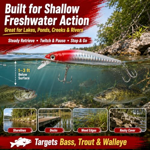 Floating Minnow Fishing Lure, 3.35in 0.30oz ABS Hard Bait with BKK 3X Size 6 Treble Hooks, Weight Transfer Rattle, 1-3ft Shallow Diving Lure for Bass Trout Walleye, Boxed - color: B2-1PCS/0.3OZ-3.35"
