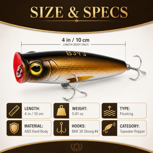 Topwater Popper Fishing Lure, 4in 0.81oz ABS Floating Saltwater Bait with BKK 3X #4 Treble Hooks, Foil-Stamped Finish for Inshore Striped Bass Redfish Snook Tarpon - color: A1-1PCS/0.81OZ-4"