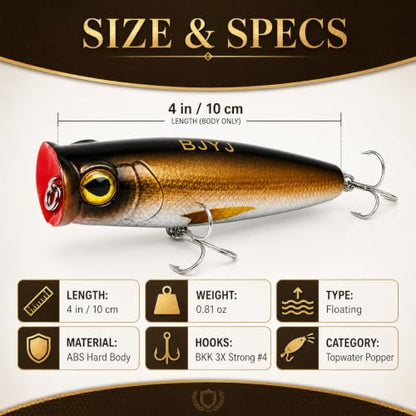 Topwater Popper Fishing Lure, 4in 0.81oz ABS Floating Saltwater Bait with BKK 3X #4 Treble Hooks, Foil-Stamped Finish for Inshore Striped Bass Redfish Snook Tarpon - color: A1-1PCS/0.81OZ-4"