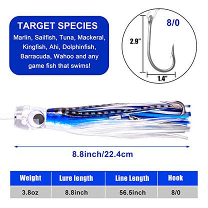 Saltwater Fishing Lures 6/9inch Trolling Lures for Marlin Mahi Tuna Dolphin Shark Big Game Deep Sea Fishing Baits Squid Skirts Rigged Hooks Ocean Gear Tackle - color: Blue-1pcs, size: 9inch