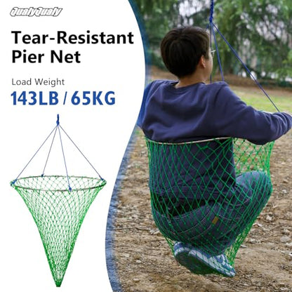 QualyQualy Foldable Pier Fishing Net 23" with Rust-Proof Stainless Steel Ring & Heavy-Duty Poly Mesh | Saltwater & Freshwater Landing Net for Kayak, Bridge Fishing Lightweight Durable Design - color: Green